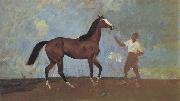 Sir Alfred Munnings,P.R.A The Racehorse 'Amberguity'  Held by Tom Slocombe oil painting
